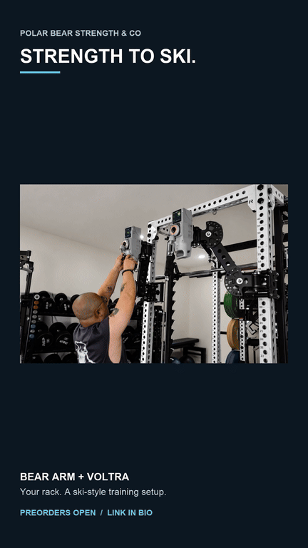 Photo sequence showing a pair of Bear Arms supporting overhead VOLTRA devices during ski-style cable pulls. VOLTRA devices, DIY Docks, rack and handles sold separately.