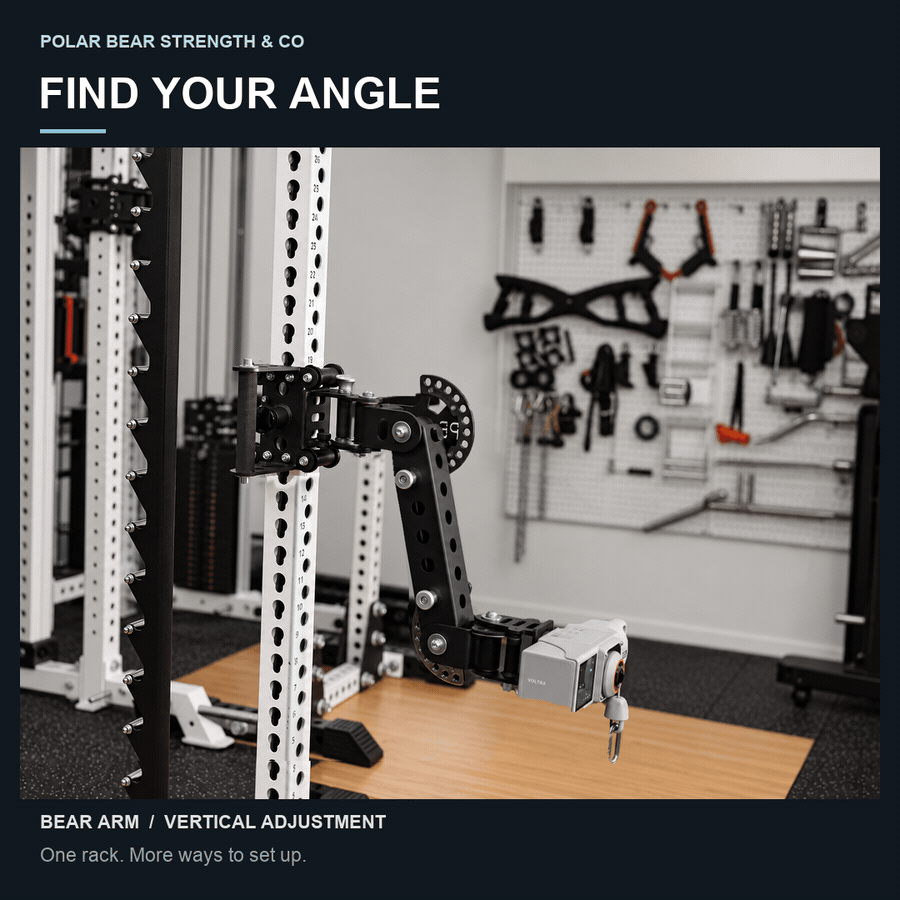 Bear Arm cycles through five photographed vertical positions, from lowered to raised, on the same rack carriage. VOLTRA and DIY Dock sold separately.